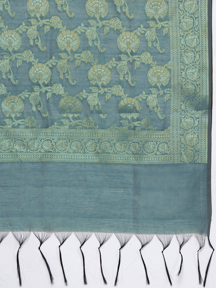 Banarasi Chanderi Silk Unstitched Suit with weaving stripes Dupatta