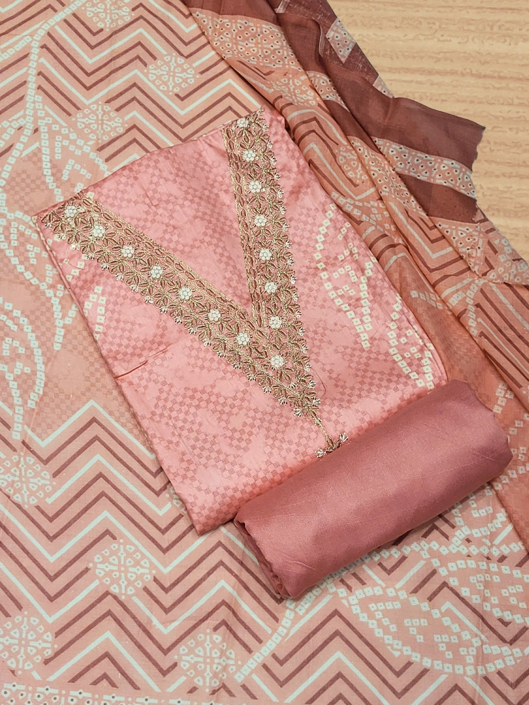 Chhabra 555 Bandhani Checkered Print Cotton Suit Dupatta with Zari Resham Embroidered Neckline