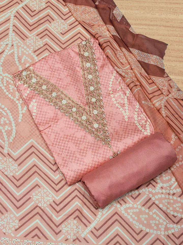 Chhabra 555 Bandhani Checkered Print Cotton Suit Dupatta with Zari Resham Embroidered Neckline