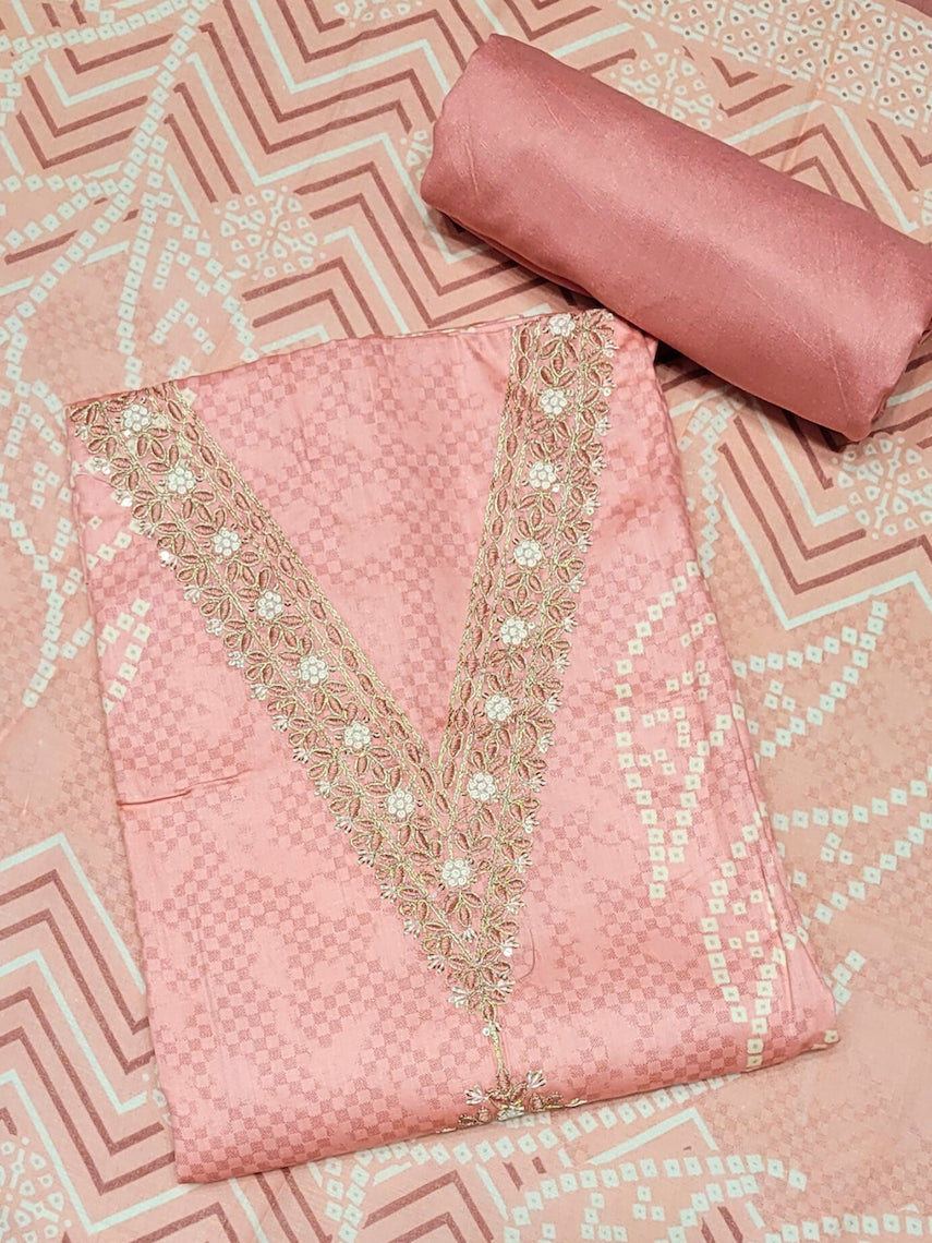 Bandhani Checkered Print Cotton Suit Dupatta with Zari Resham Embroidered Neckline