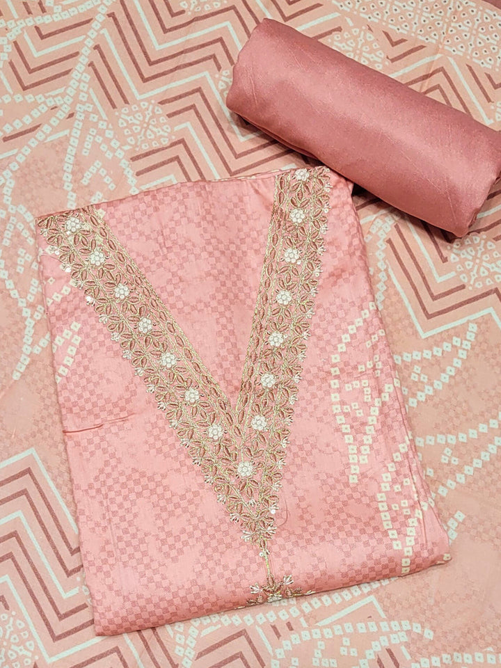 Bandhani Checkered Print Cotton Suit Dupatta with Zari Resham Embroidered Neckline