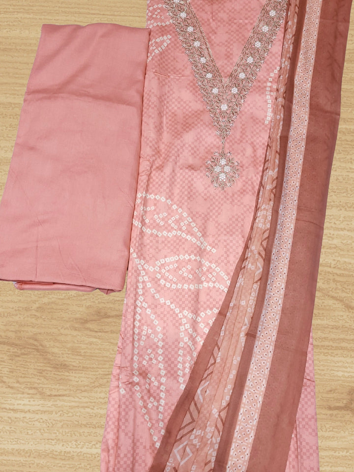 Bandhani Checkered Print Cotton Suit Dupatta with Zari Resham Embroidered Neckline