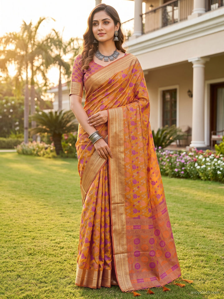 Mustard Floral Woven Silk Saree with Golden Zari Border