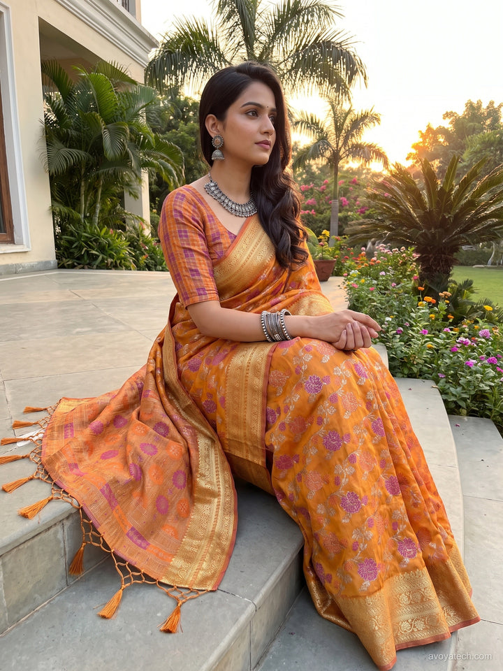 Mustard Floral Woven Silk Saree with Golden Zari Border
