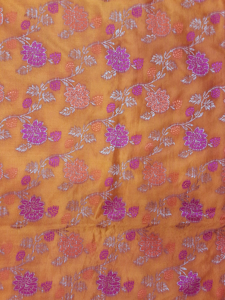 Mustard Floral Woven Silk Saree with Golden Zari Border