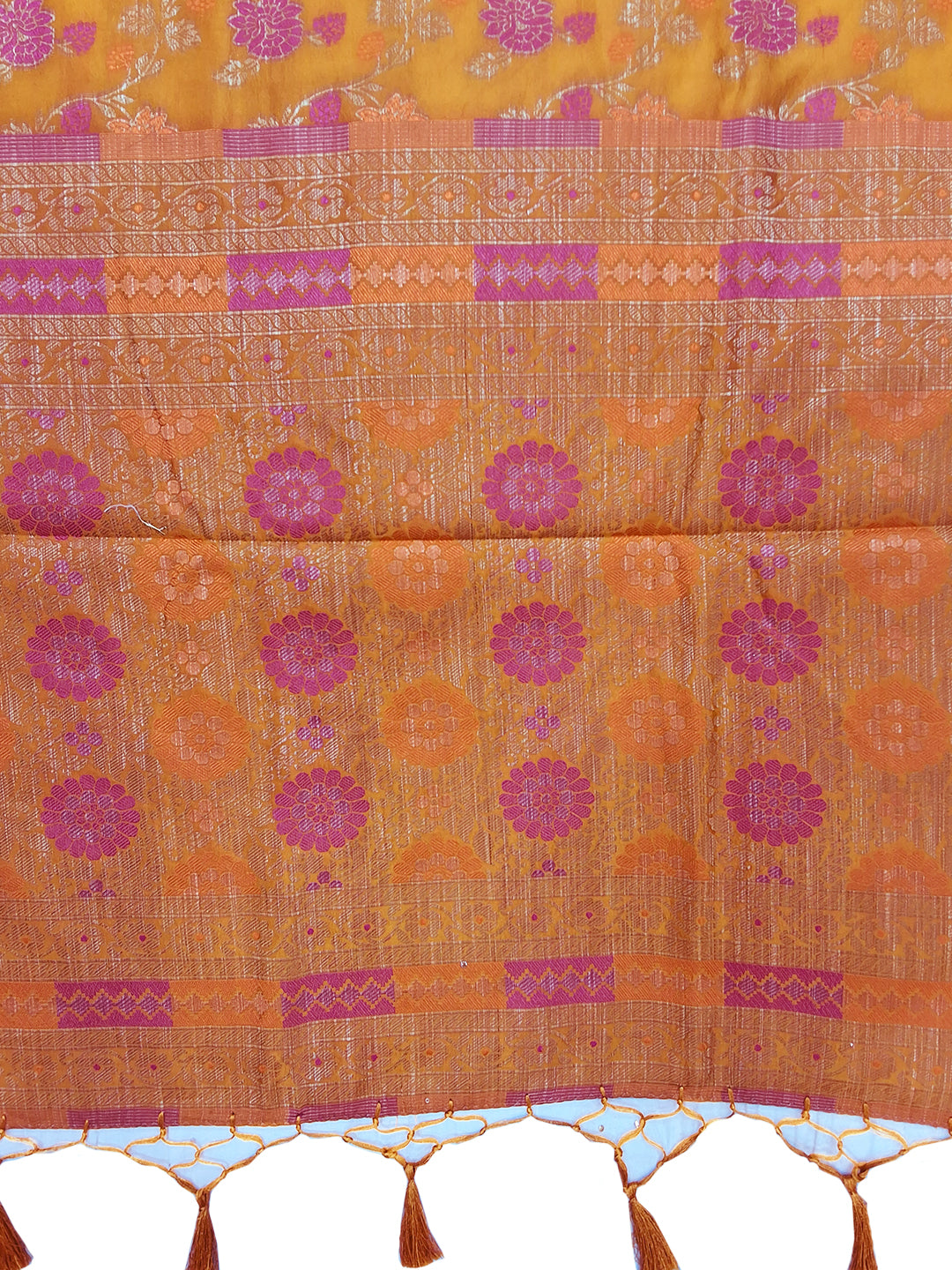 Mustard Floral Woven Silk Saree with Golden Zari Border