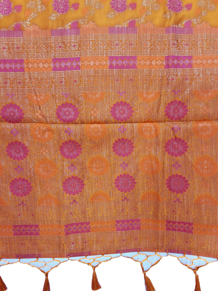 Mustard Floral Woven Silk Saree with Golden Zari Border
