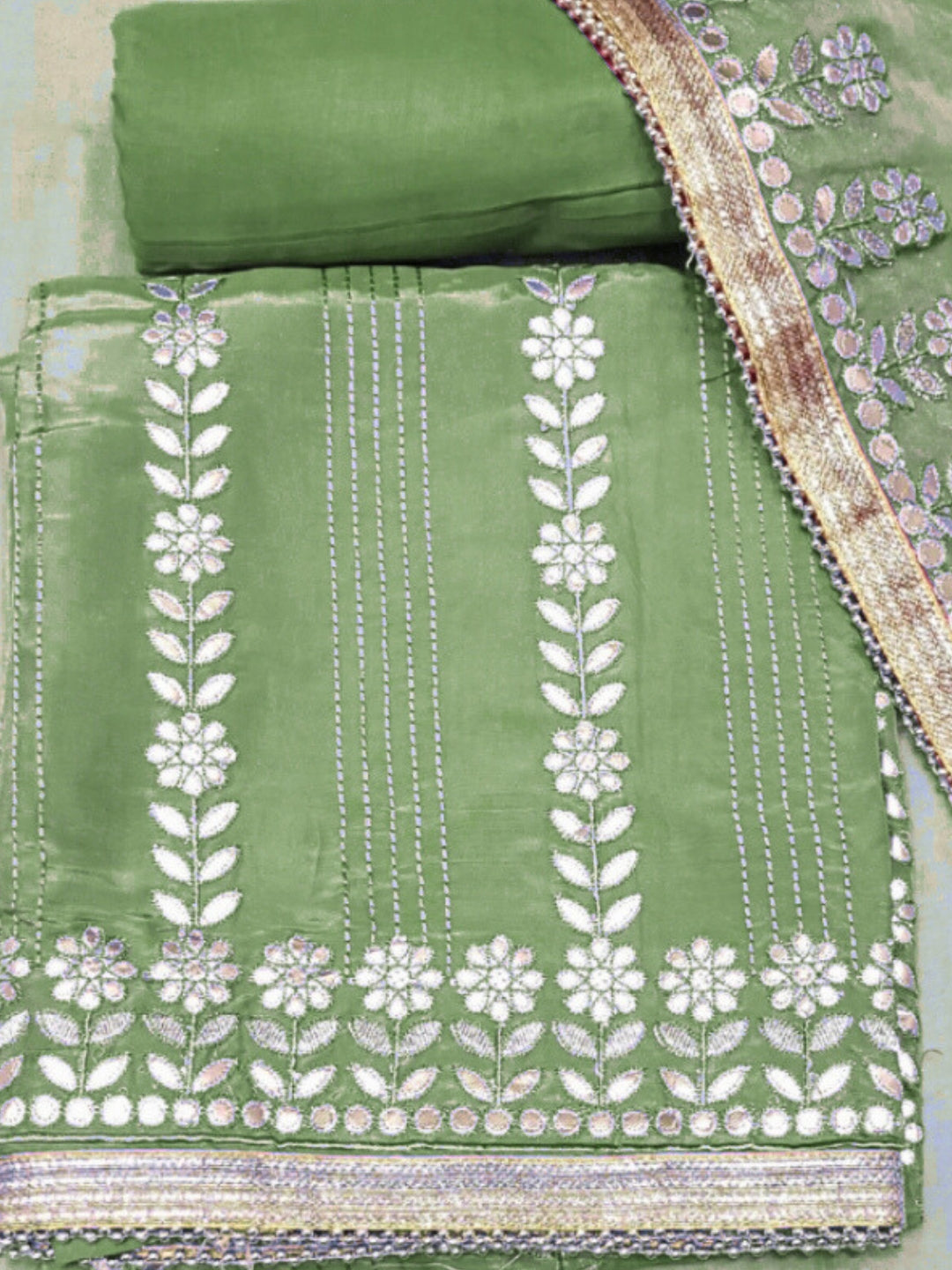 Gota Patti & Resham Embroidered Punjabi Suit Dupatta with Striped Floral Pattern
