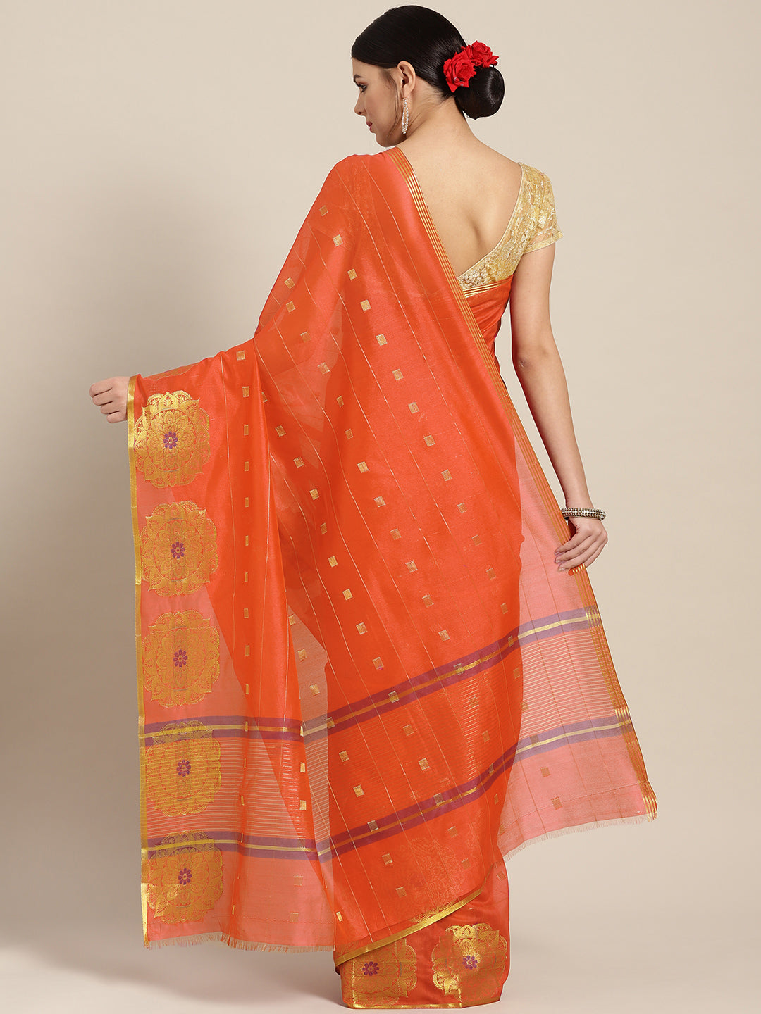 Banarasi Chanderi Silk  Two Toned Orange Saree with Ethnic Zari Geometrical Motifs