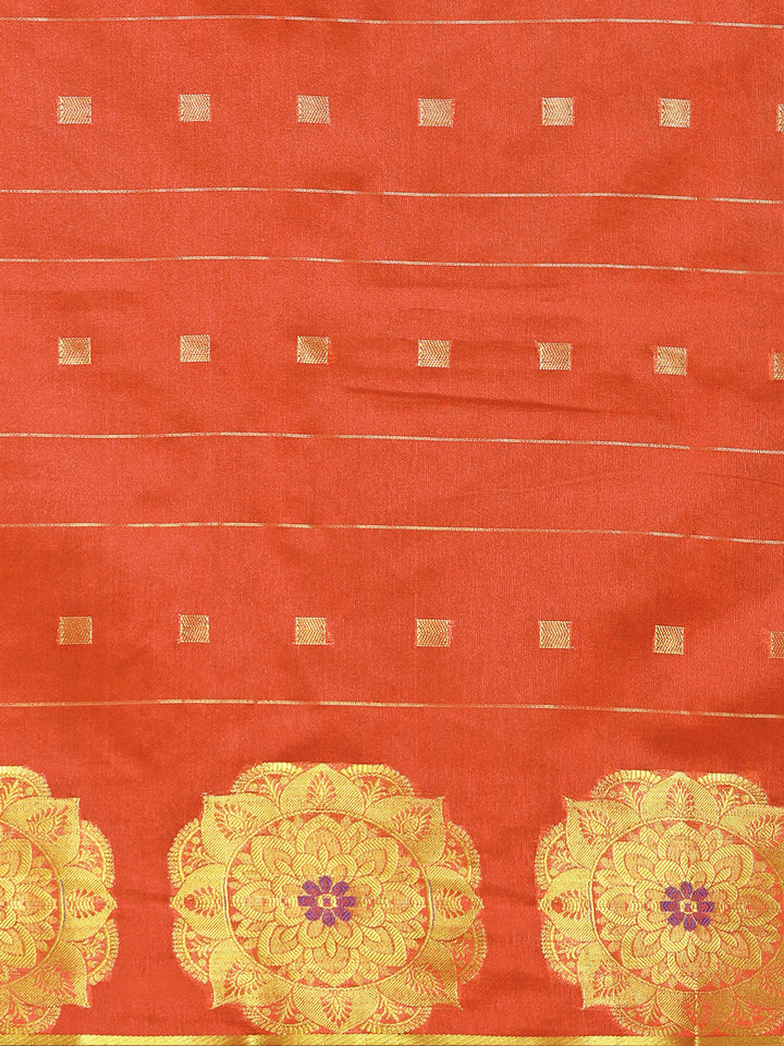 Banarasi Chanderi Silk  Two Toned Orange Saree with Ethnic Zari Geometrical Motifs
