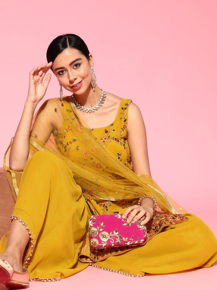 Made-to-Measure Multi Thread & Mirror Embroidery Sharara Suit Set & Sequence Dupatta