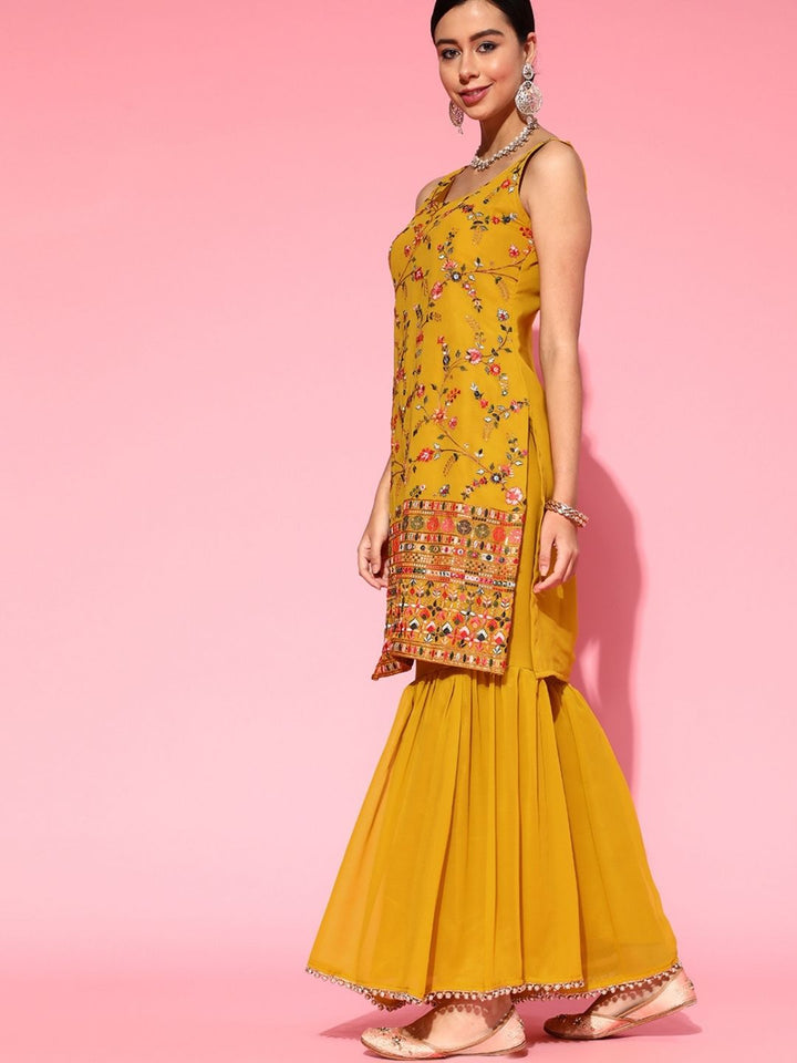 Made-to-Measure Multi Thread & Mirror Embroidery Sharara Suit Set & Sequence Dupatta