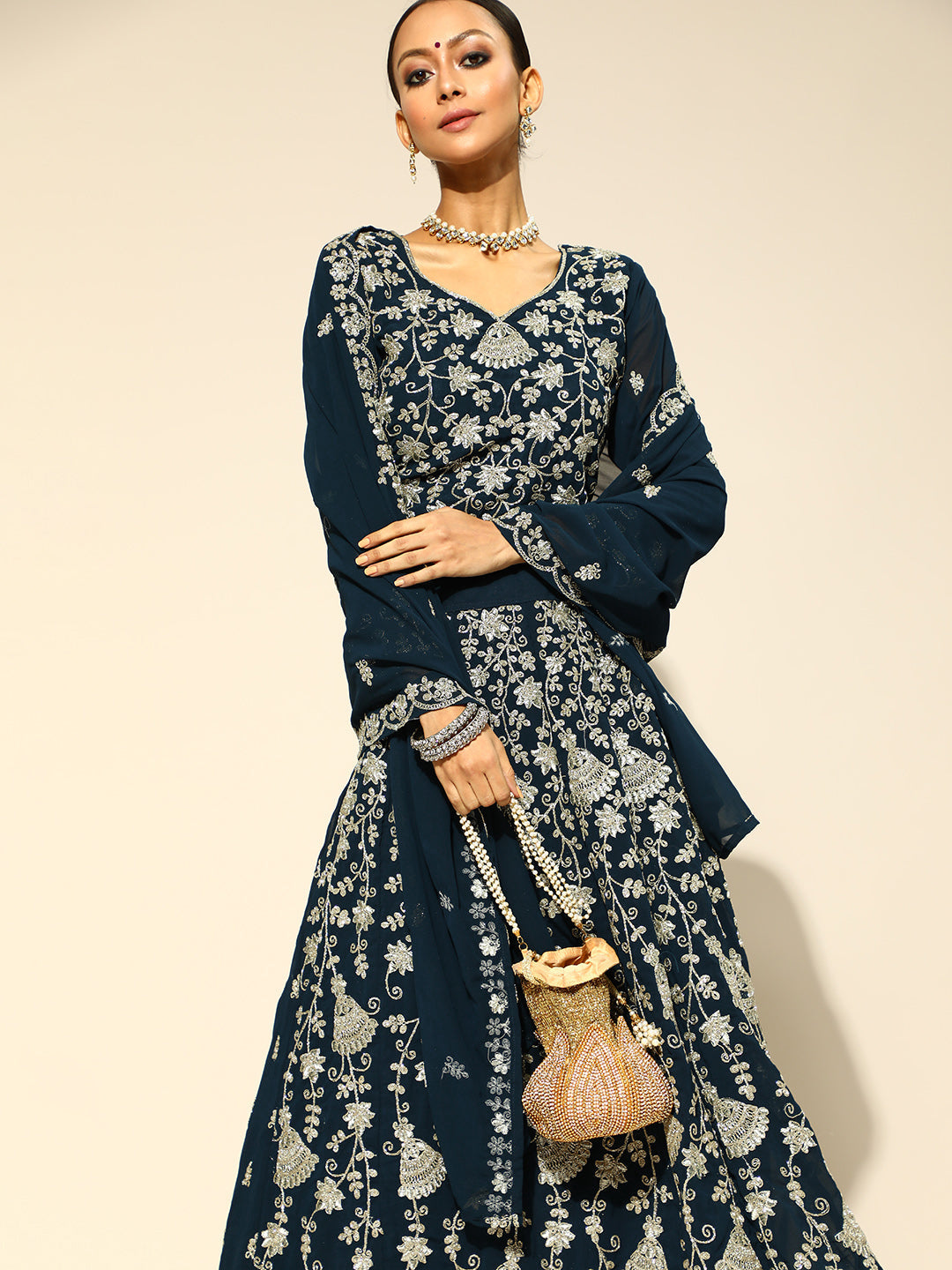 Navy Blue Georgette Flared Lehanga Choli with Zari Work