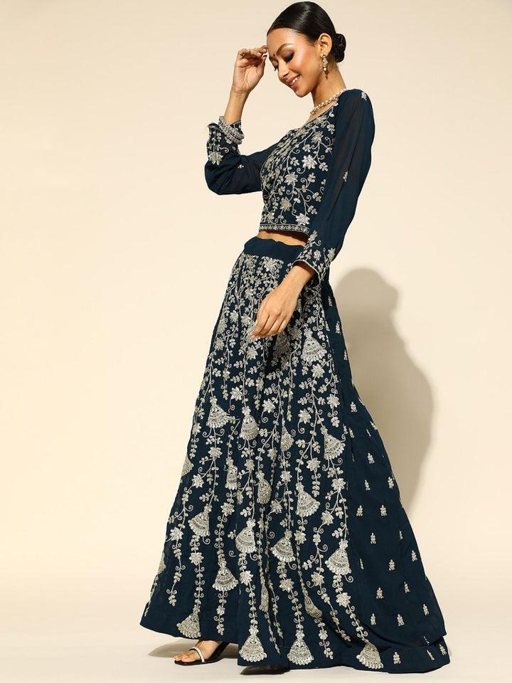 Navy Blue Georgette Flared Lehanga Choli with Zari Work