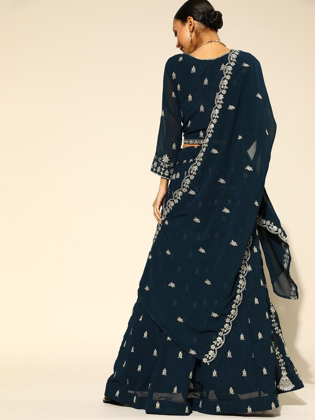 Navy Blue Georgette Flared Lehanga Choli with Zari Work