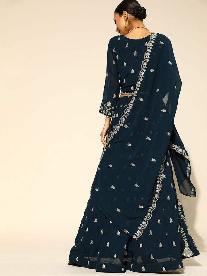Navy Blue Georgette Flared Lehanga Choli with Zari Work