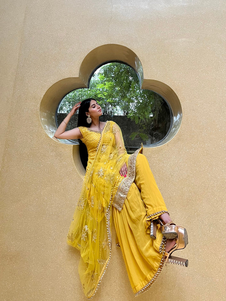 Yellow Haldi Embellished Kurta Sharara Set with Beads Tassels