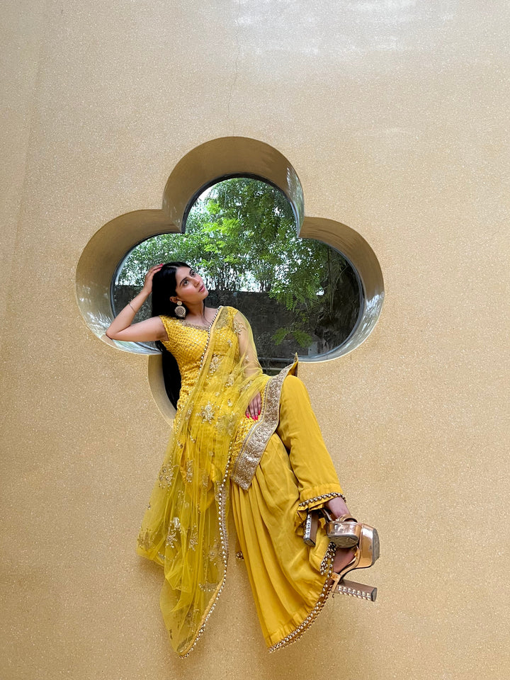 Yellow Haldi Embellished Kurta Sharara Set with Beads Tassels