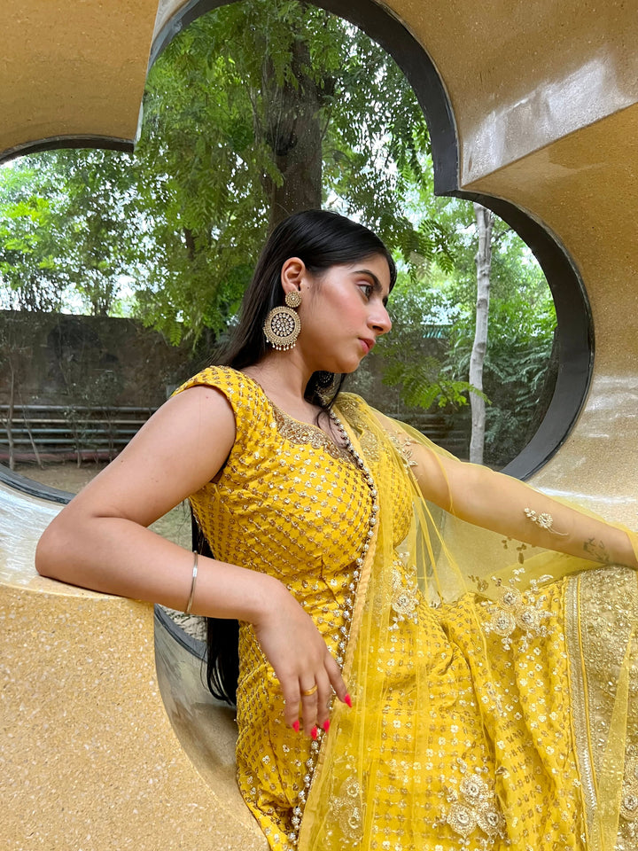 Yellow Haldi Embellished Kurta Sharara Set with Beads Tassels