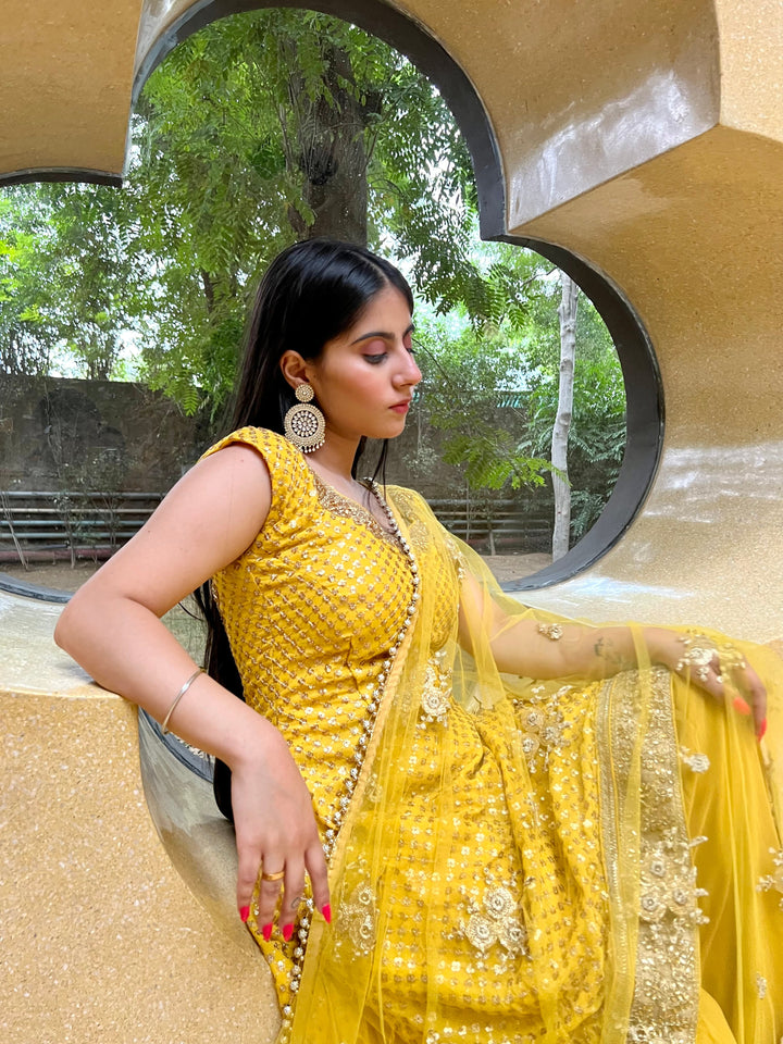 Yellow Haldi Embellished Kurta Sharara Set with Beads Tassels