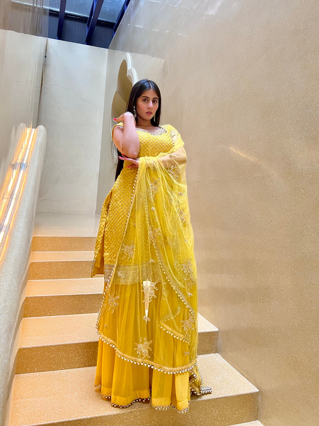 Yellow Haldi Embellished Kurta Sharara Set with Beads Tassels