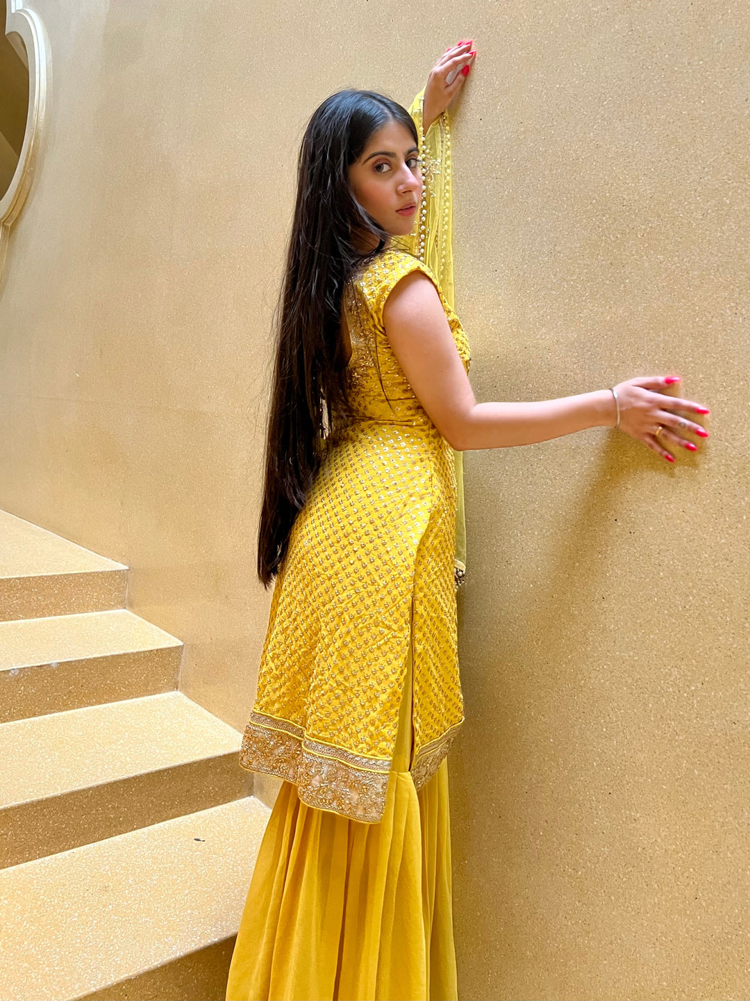 Yellow Haldi Embellished Kurta Sharara Set with Beads Tassels