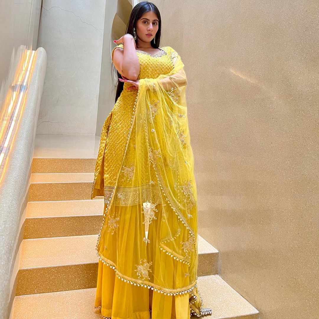 Yellow Haldi Embellished Kurta Sharara Set with Beads Tassels