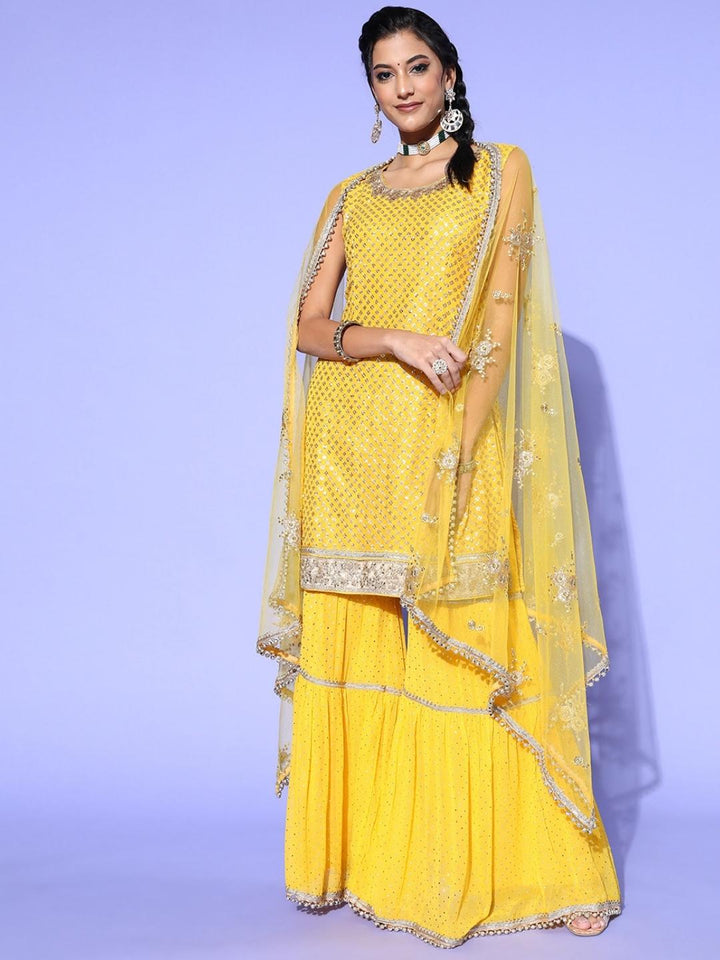 Yellow Haldi Embellished Kurta Sharara Set with Beads Tassels