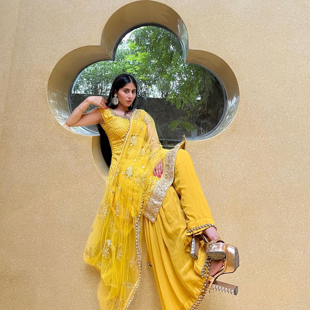 Yellow Haldi Embellished Kurta Sharara Set with Beads Tassels