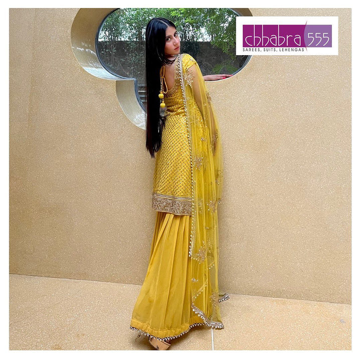 Yellow Haldi Embellished Kurta Sharara Set with Beads Tassels