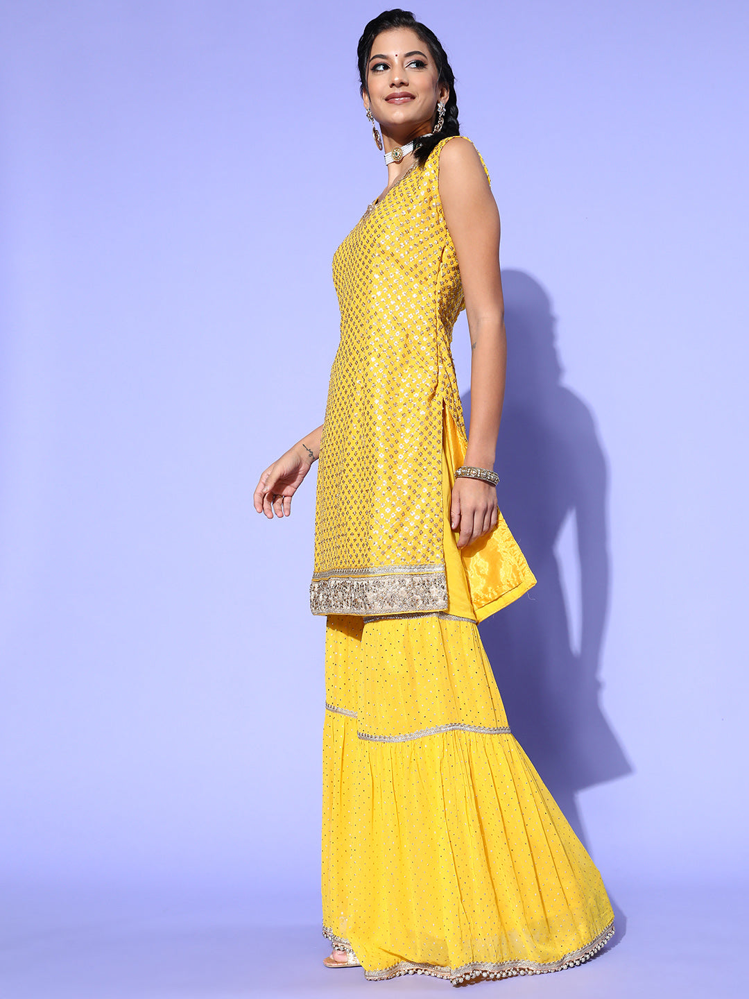 Yellow Haldi Embellished Kurta Sharara Set with Beads Tassels