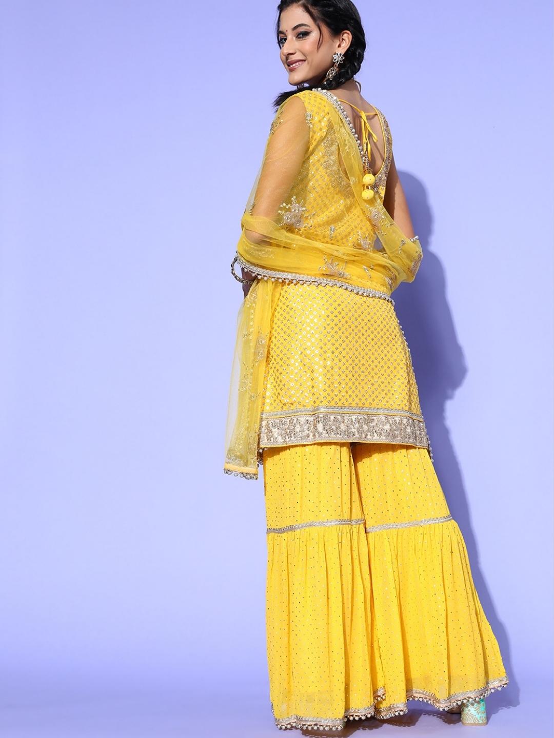 Yellow Haldi Embellished Kurta Sharara Set with Beads Tassels
