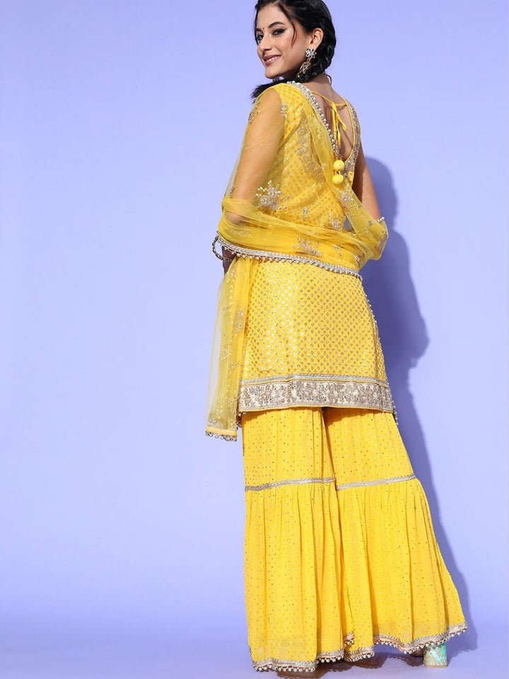 Yellow Haldi Embellished Kurta Sharara Set with Beads Tassels