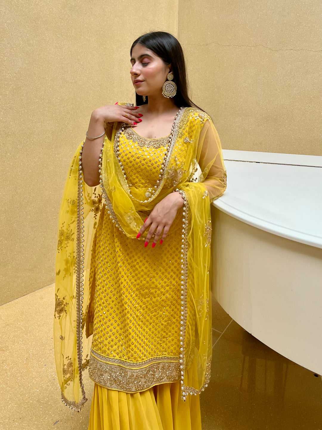 Yellow Haldi Embellished Kurta Sharara Set with Beads Tassels