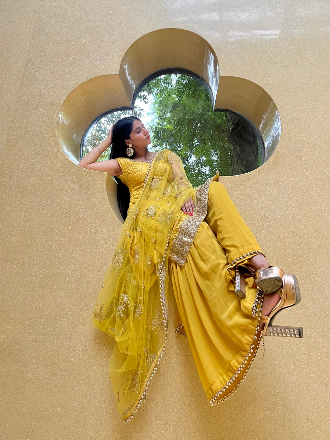 Yellow Haldi Embellished Kurta Sharara Set with Beads Tassels
