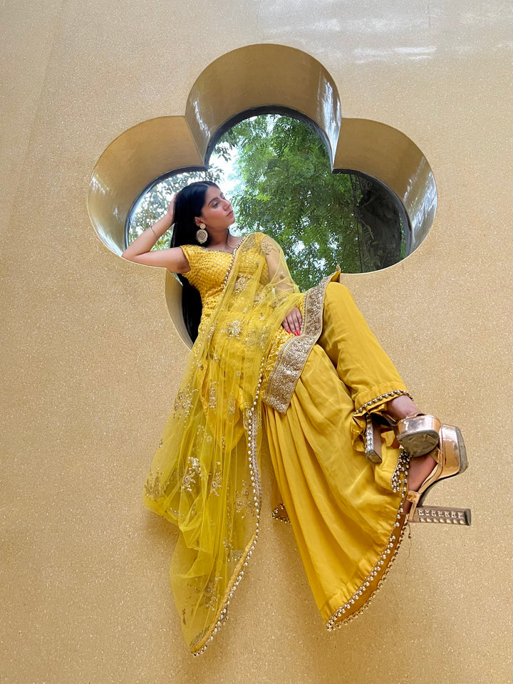Yellow Haldi Embellished Kurta Sharara Set with Beads Tassels