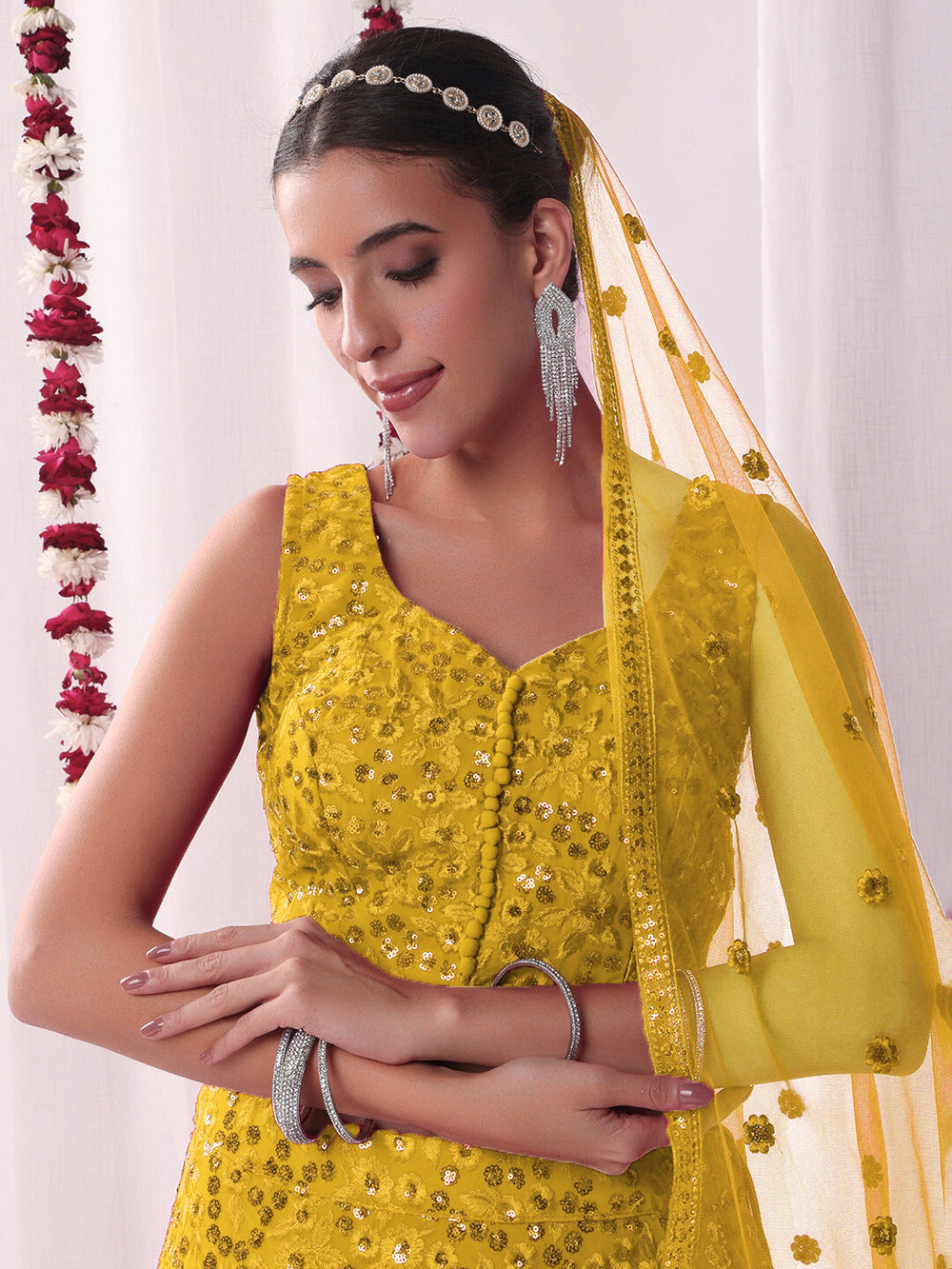 Chhabra 555 All over Sequin Embroidery Lehenga Set with Tassled Choli & Embellished Dupatta