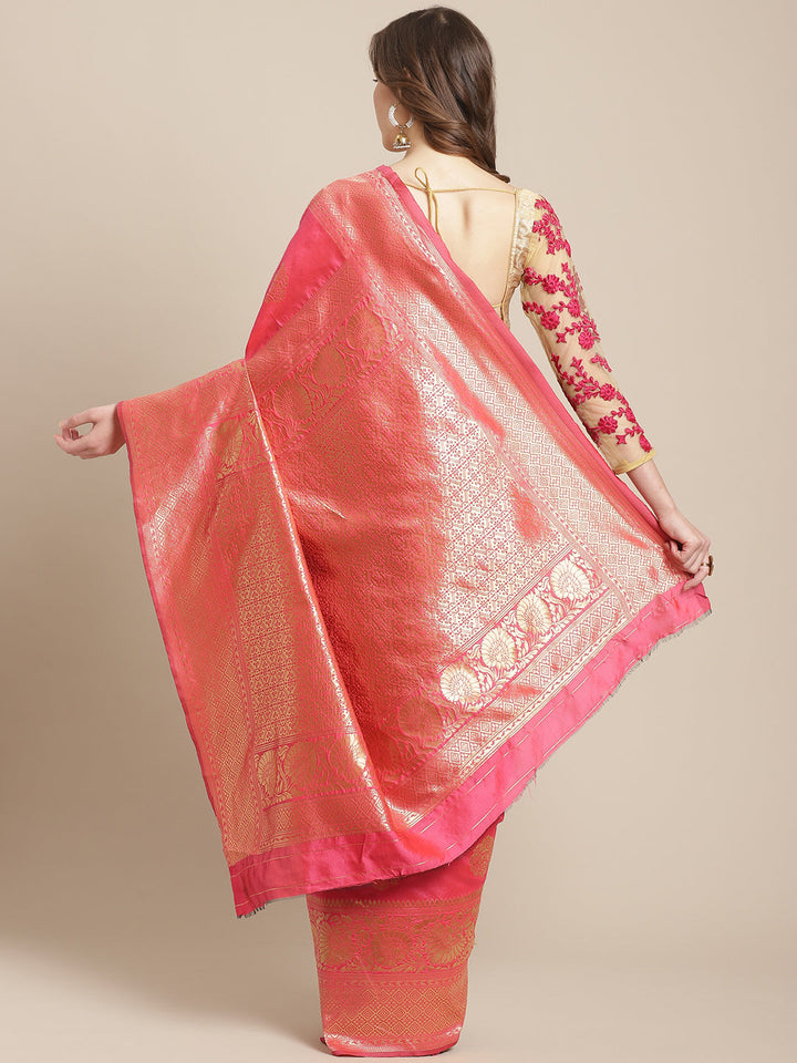 Rose Pink Banarasi Silk Saree with Oxidised Zari Weaving and Floral Ethnic Pattern
