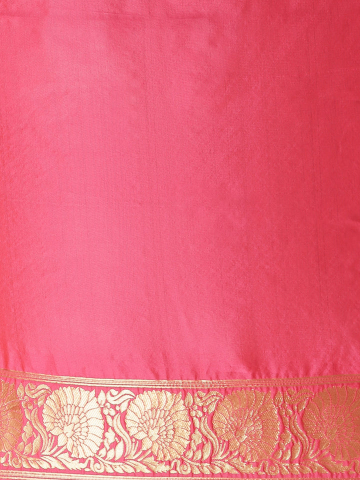 Rose Pink Banarasi Silk Saree with Oxidised Zari Weaving and Floral Ethnic Pattern