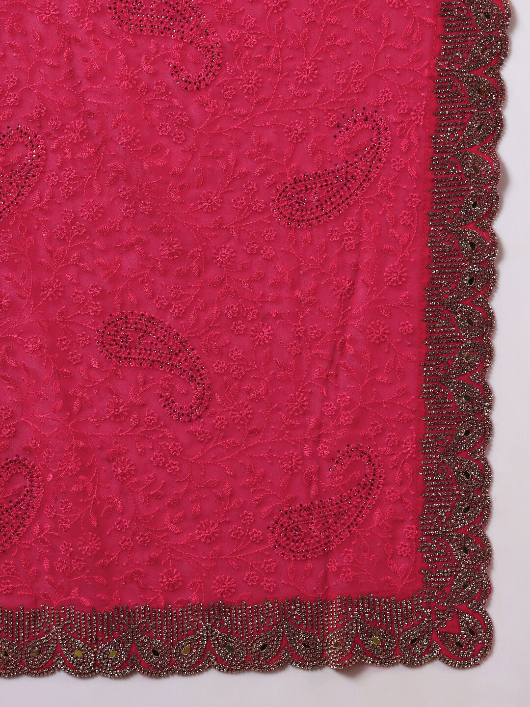Floral Paisley Resham Embroidery Saree with Crystal Embellished Scalloped Border
