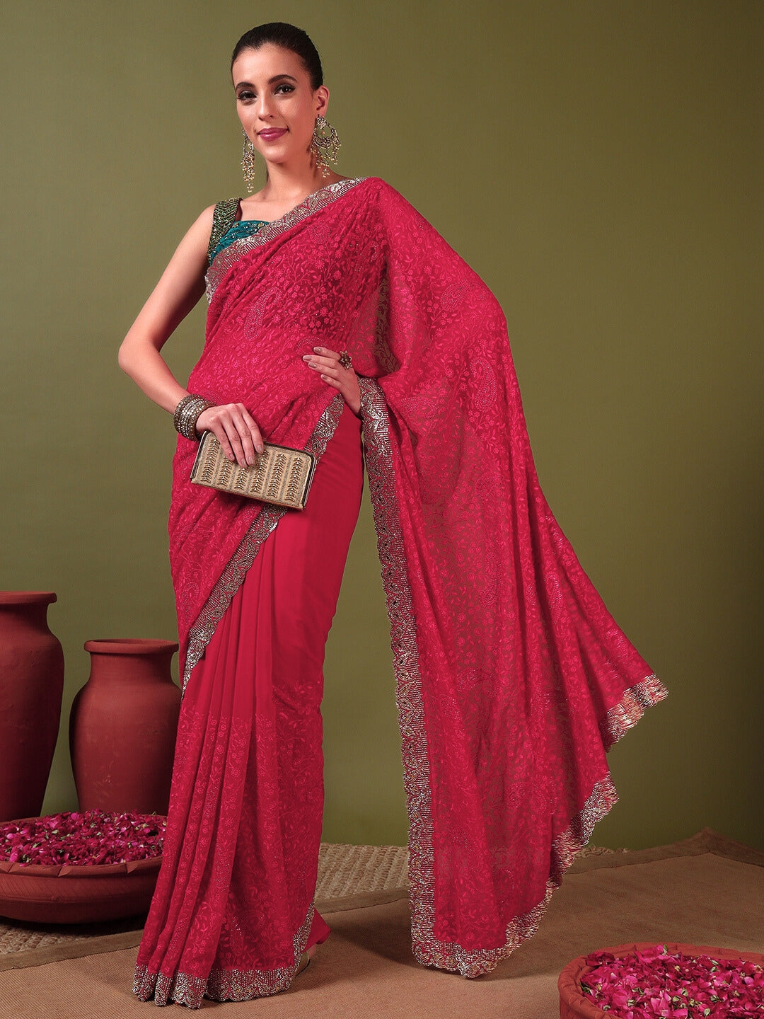 Floral Paisley Resham Embroidery Saree with Crystal Embellished Scalloped Border