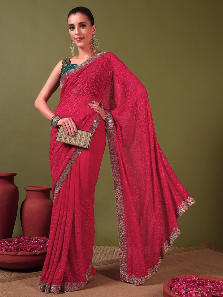 Floral Paisley Resham Embroidery Saree with Crystal Embellished Scalloped Border