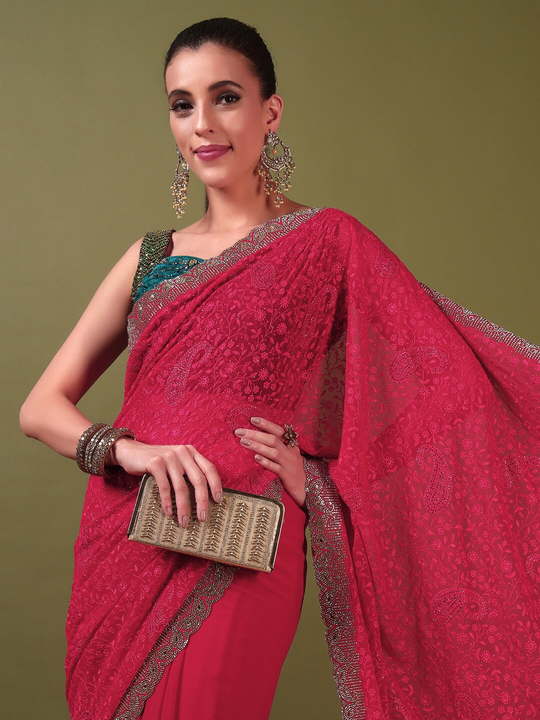 Floral Paisley Resham Embroidery Saree with Crystal Embellished Scalloped Border