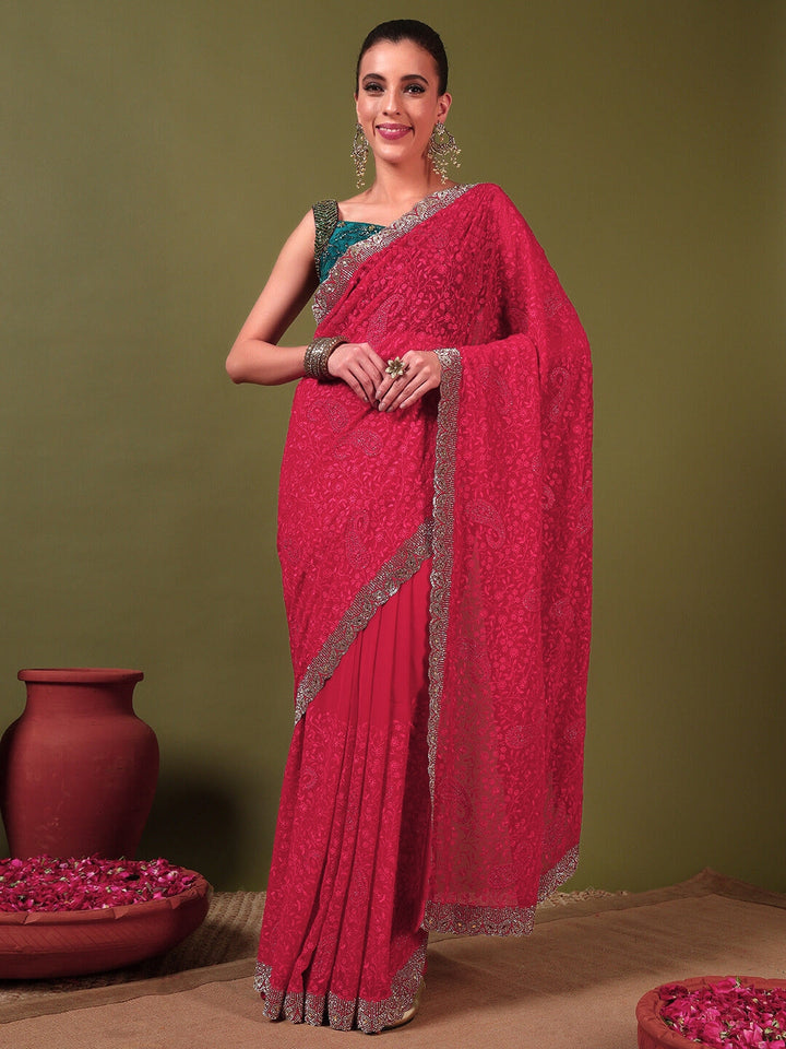 Floral Paisley Resham Embroidery Saree with Crystal Embellished Scalloped Border