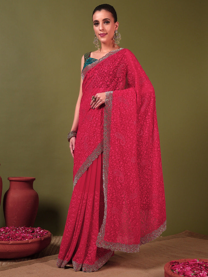Floral Paisley Resham Embroidery Saree with Crystal Embellished Scalloped Border