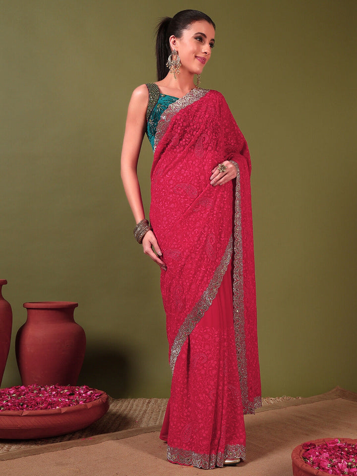 Floral Paisley Resham Embroidery Saree with Crystal Embellished Scalloped Border