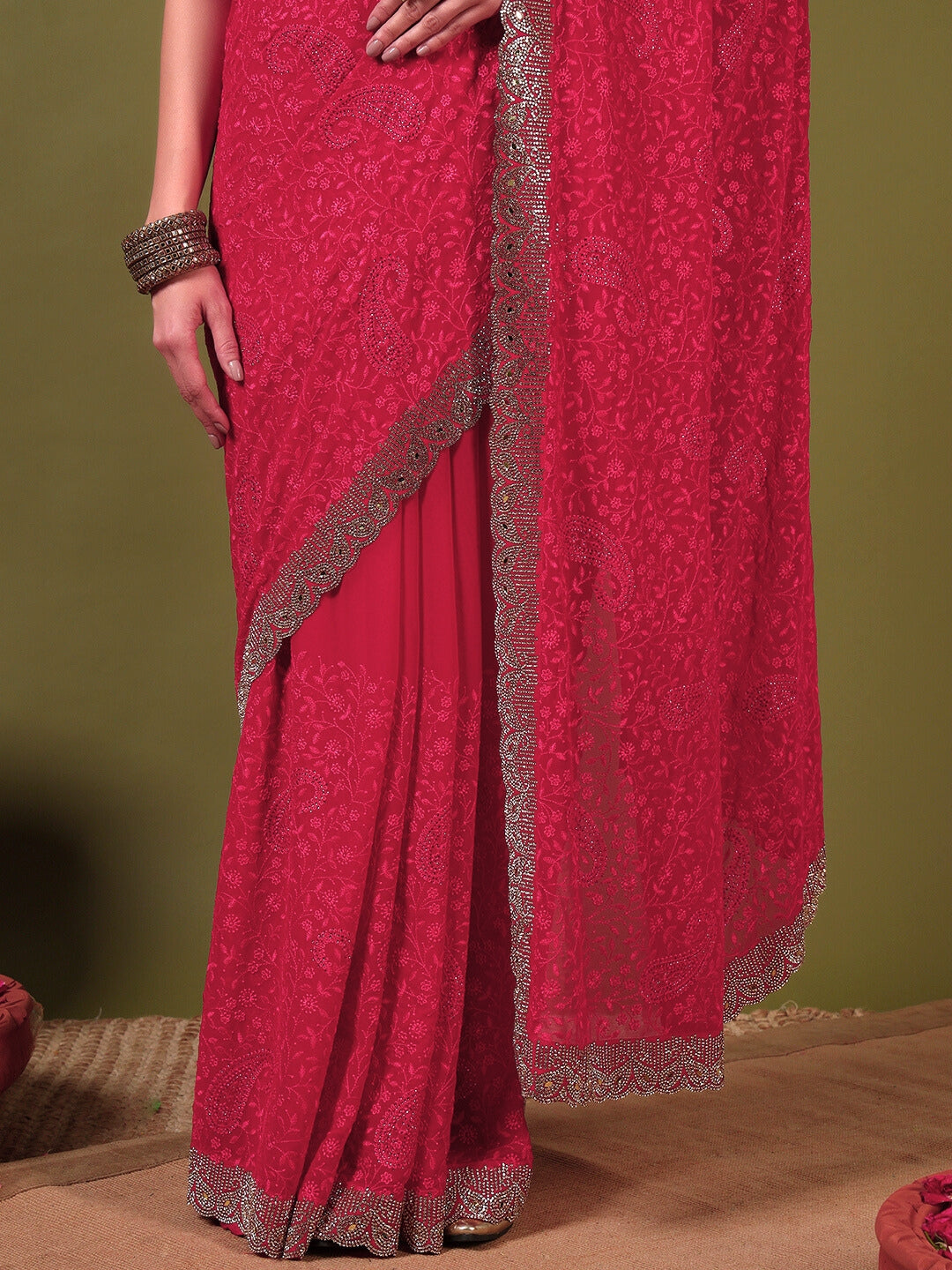 Floral Paisley Resham Embroidery Saree with Crystal Embellished Scalloped Border