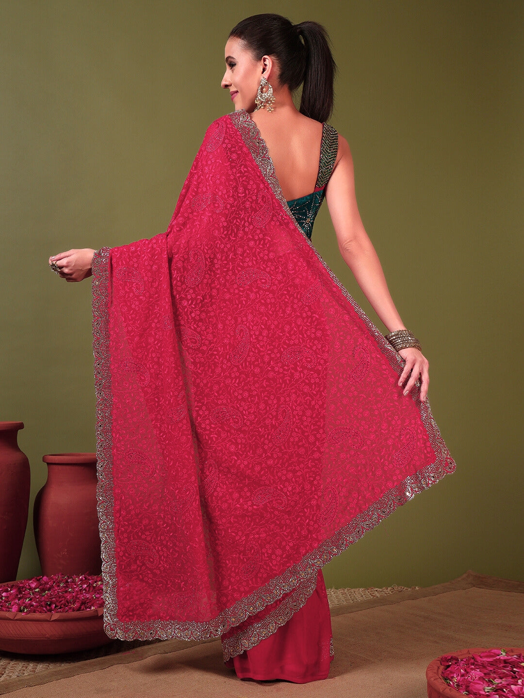 Floral Paisley Resham Embroidery Saree with Crystal Embellished Scalloped Border