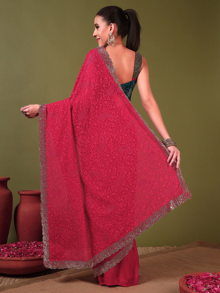 Floral Paisley Resham Embroidery Saree with Crystal Embellished Scalloped Border