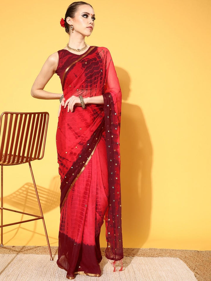 Coral Tie & Die Jaipuri Printed Mirror Work Embellished Chiffon Saree